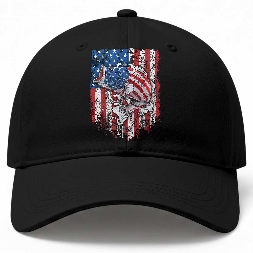 Funny Bass Fish Fishing Vintage American Flag Patriotic Baseball Cap