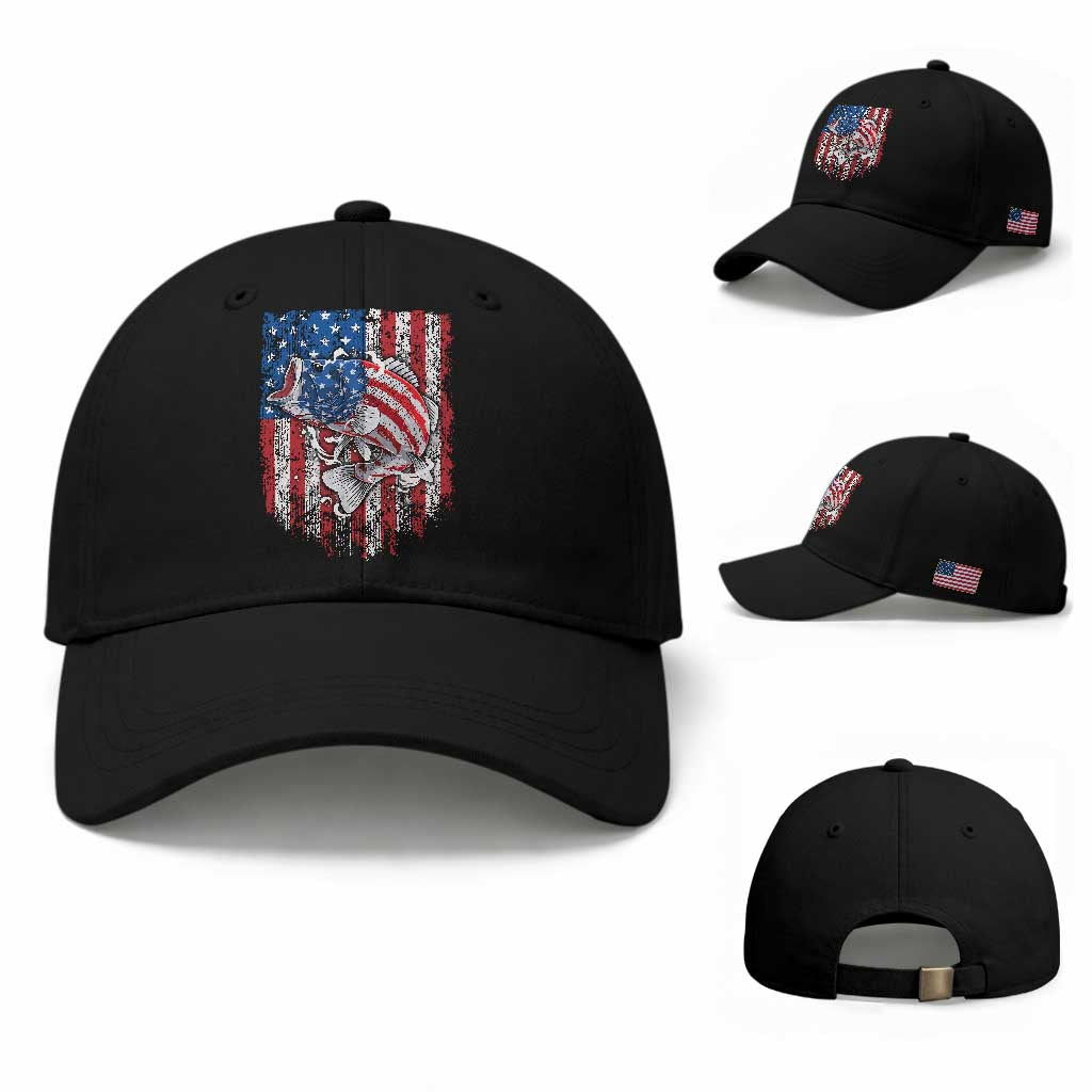 Funny Bass Fish Fishing Vintage American Flag Patriotic Baseball Cap