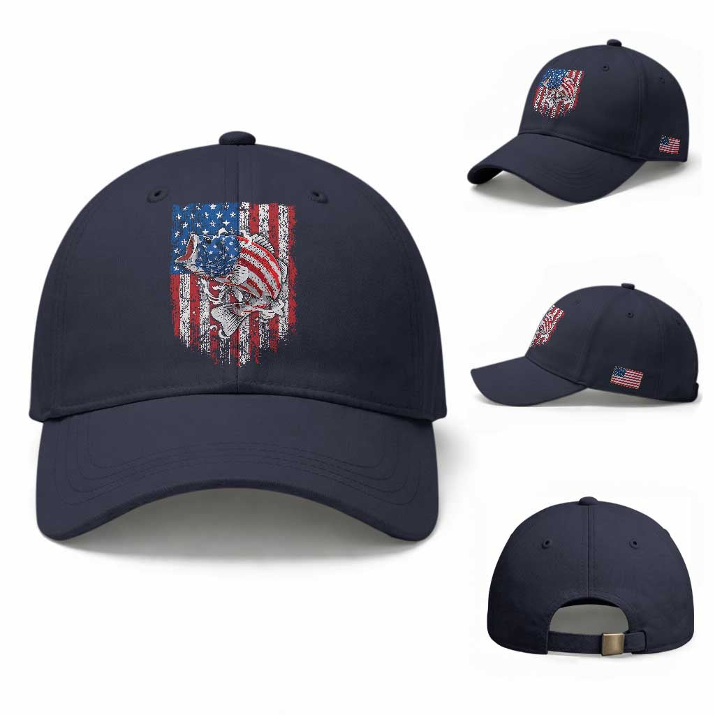 Funny Bass Fish Fishing Vintage American Flag Patriotic Baseball Cap