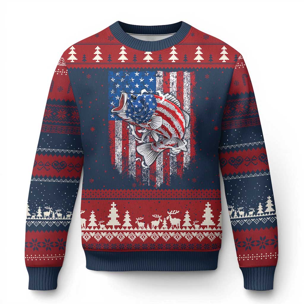 Funny Bass Fish Fishing Vintage American Flag Patriotic Ugly Christmas Sweater - Wonder Print Shop