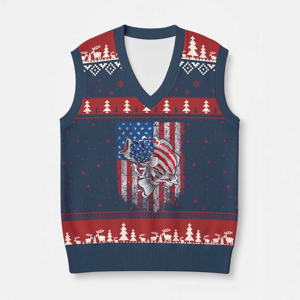 Funny Bass Fish Fishing Vintage American Flag Patriotic V-Neck Knit Sweater Vest - Wonder Print Shop