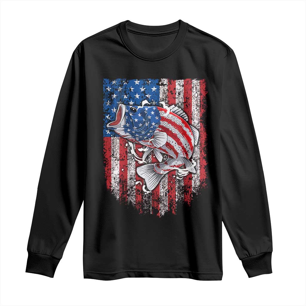Funny Bass Fish Fishing Vintage American Flag Patriotic Long Sleeve Shirt - Wonder Print Shop