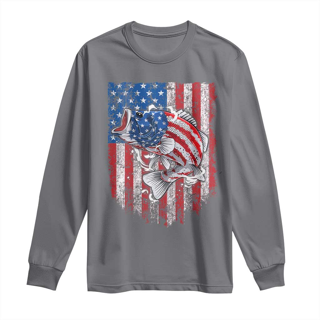 Funny Bass Fish Fishing Vintage American Flag Patriotic Long Sleeve Shirt - Wonder Print Shop
