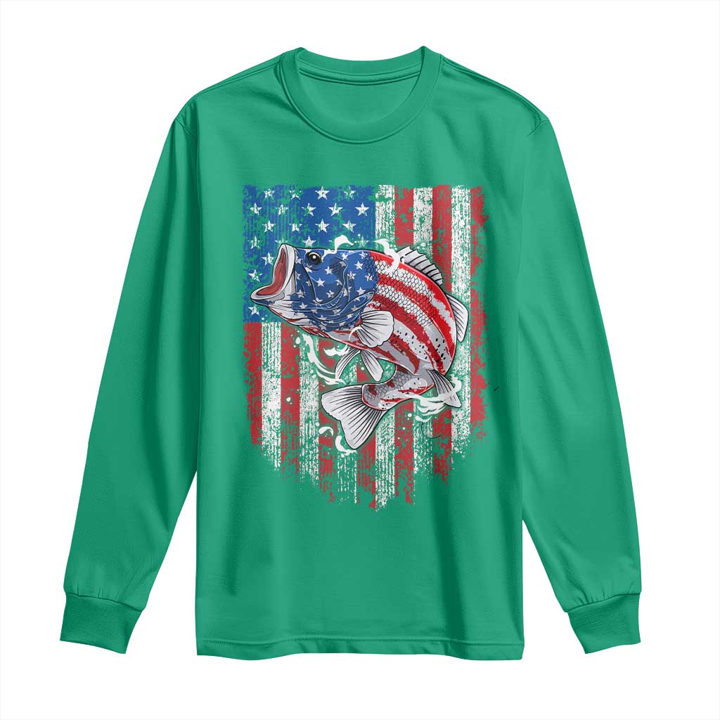 Funny Bass Fish Fishing Vintage American Flag Patriotic Long Sleeve Shirt - Wonder Print Shop