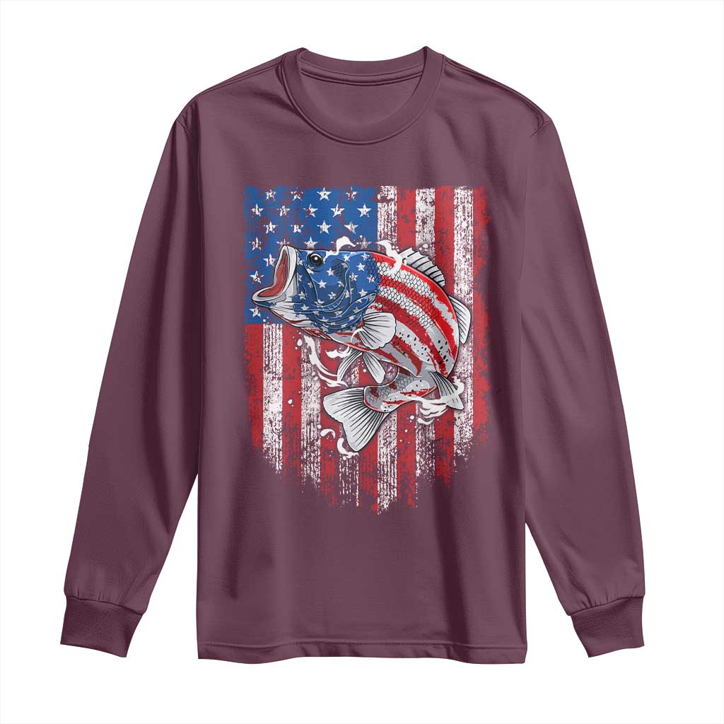 Funny Bass Fish Fishing Vintage American Flag Patriotic Long Sleeve Shirt - Wonder Print Shop