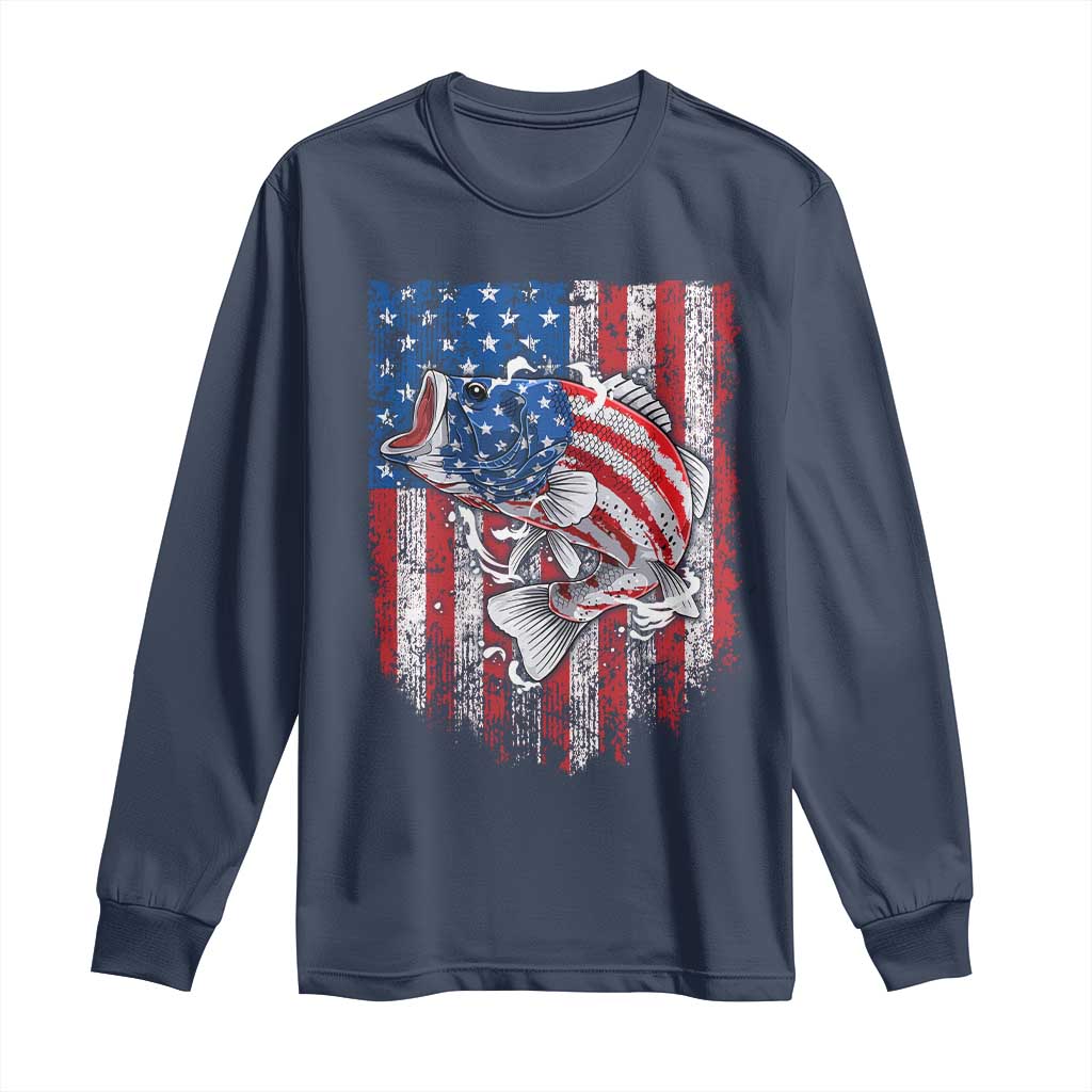 Funny Bass Fish Fishing Vintage American Flag Patriotic Long Sleeve Shirt - Wonder Print Shop