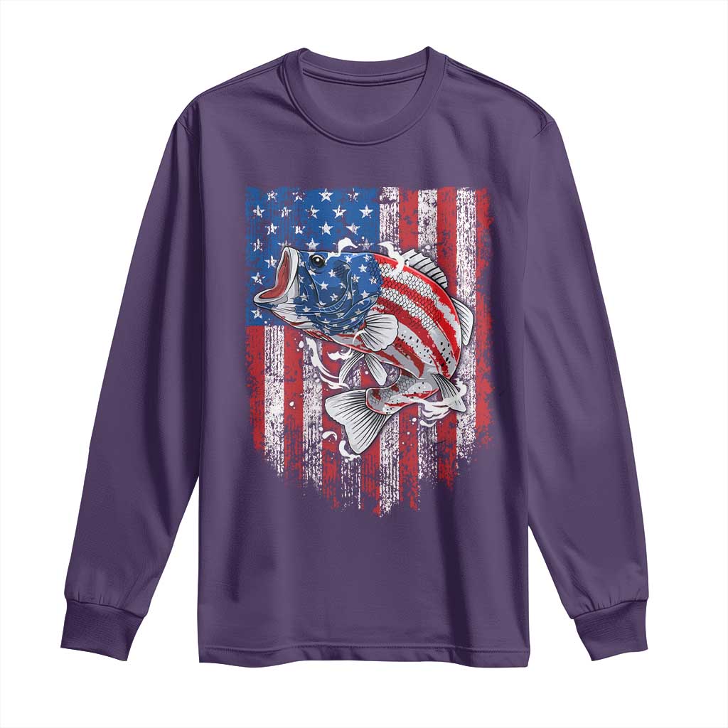 Funny Bass Fish Fishing Vintage American Flag Patriotic Long Sleeve Shirt - Wonder Print Shop
