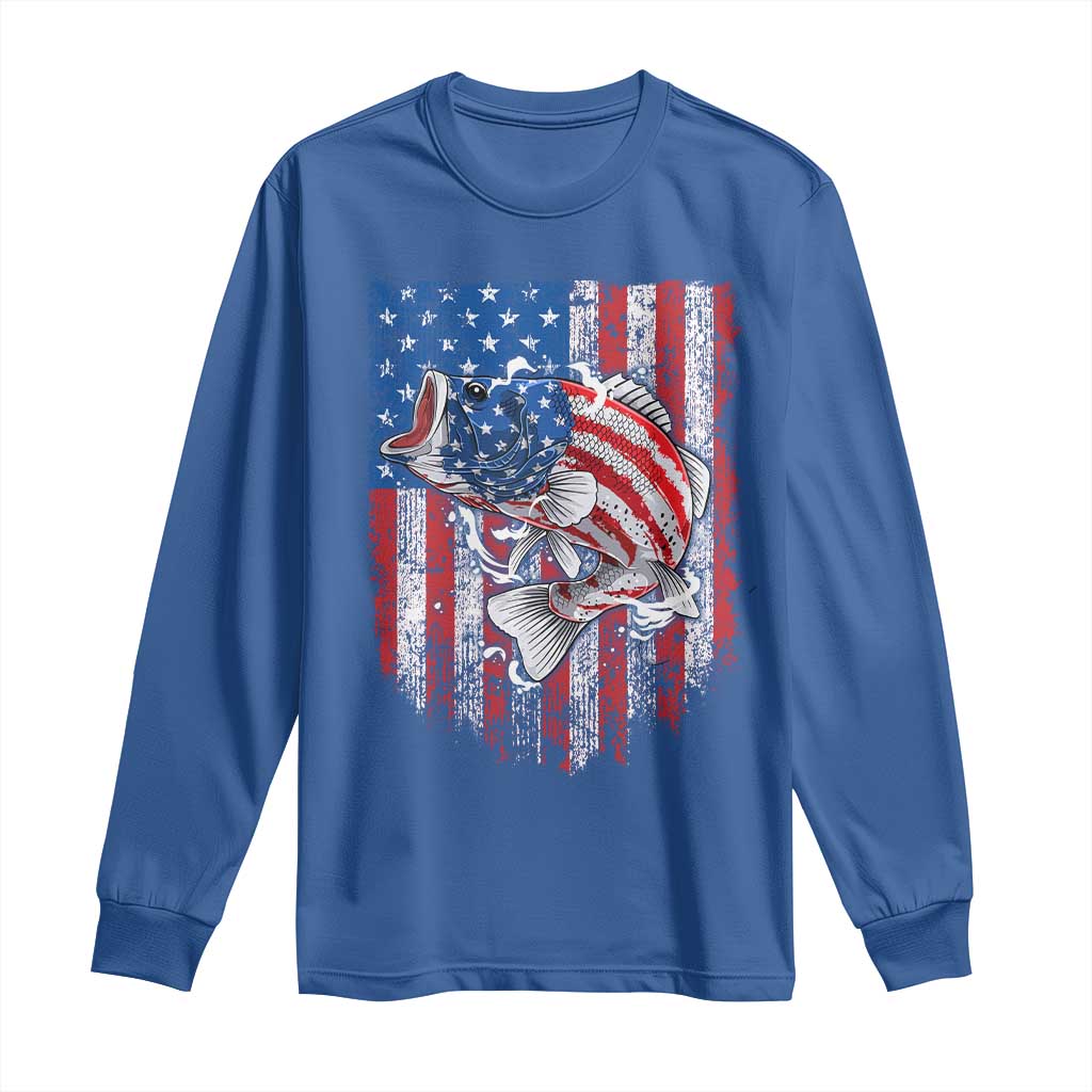Funny Bass Fish Fishing Vintage American Flag Patriotic Long Sleeve Shirt - Wonder Print Shop