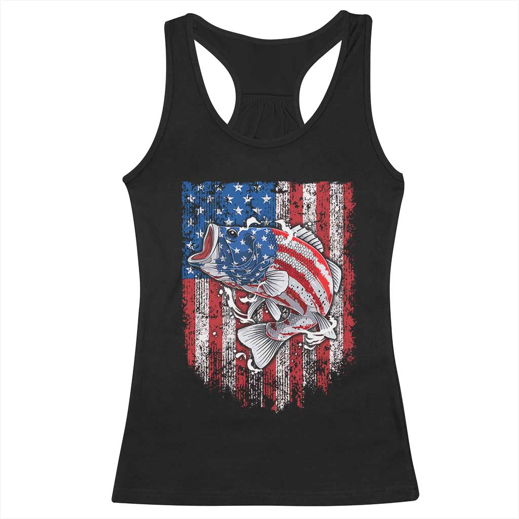 Funny Bass Fish Fishing Vintage American Flag Patriotic Racerback Tank Top - Wonder Print Shop