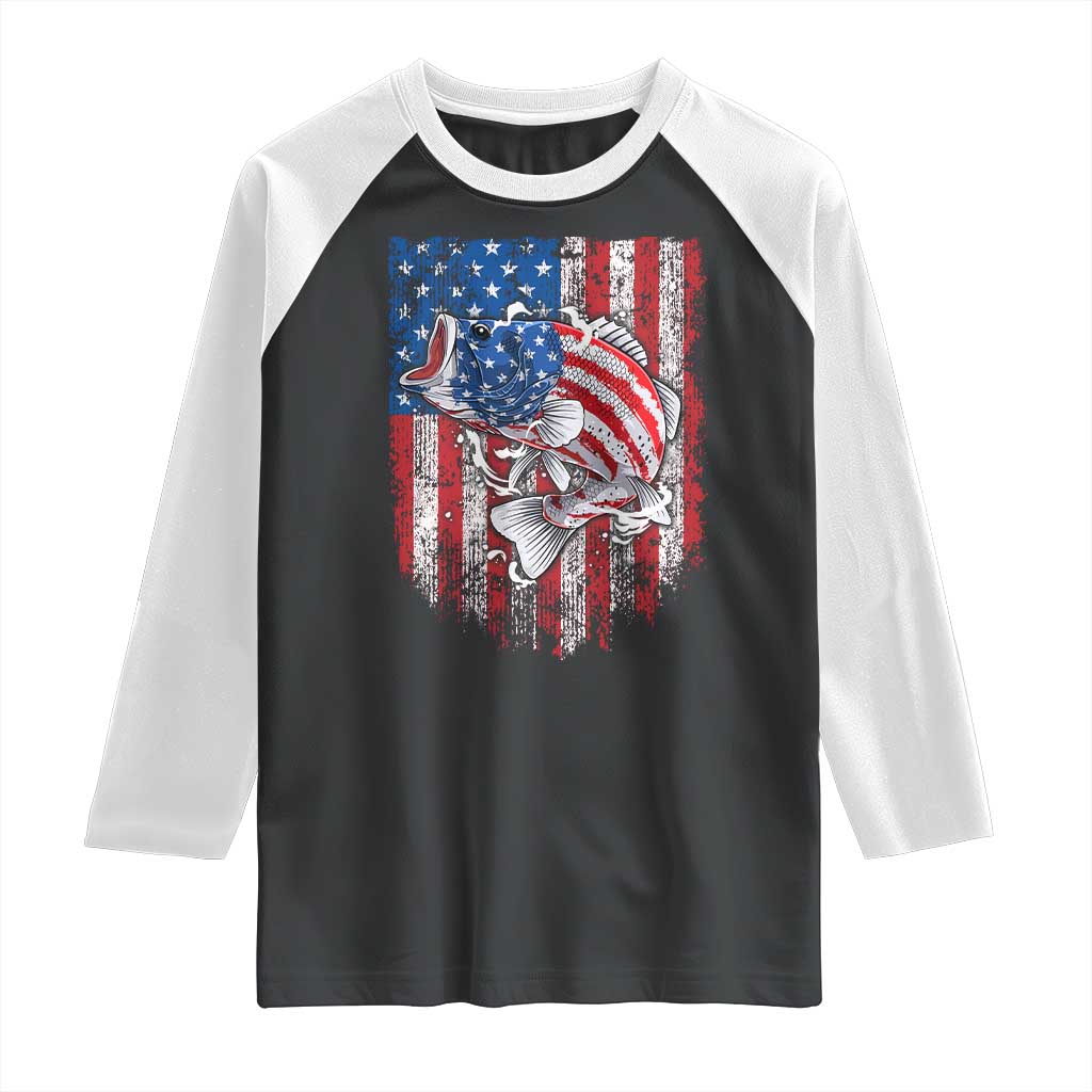 Funny Bass Fish Fishing Vintage American Flag Patriotic Raglan Shirt - Wonder Print Shop