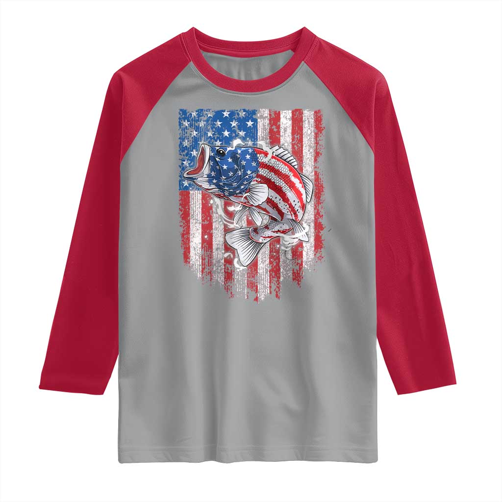 Funny Bass Fish Fishing Vintage American Flag Patriotic Raglan Shirt - Wonder Print Shop