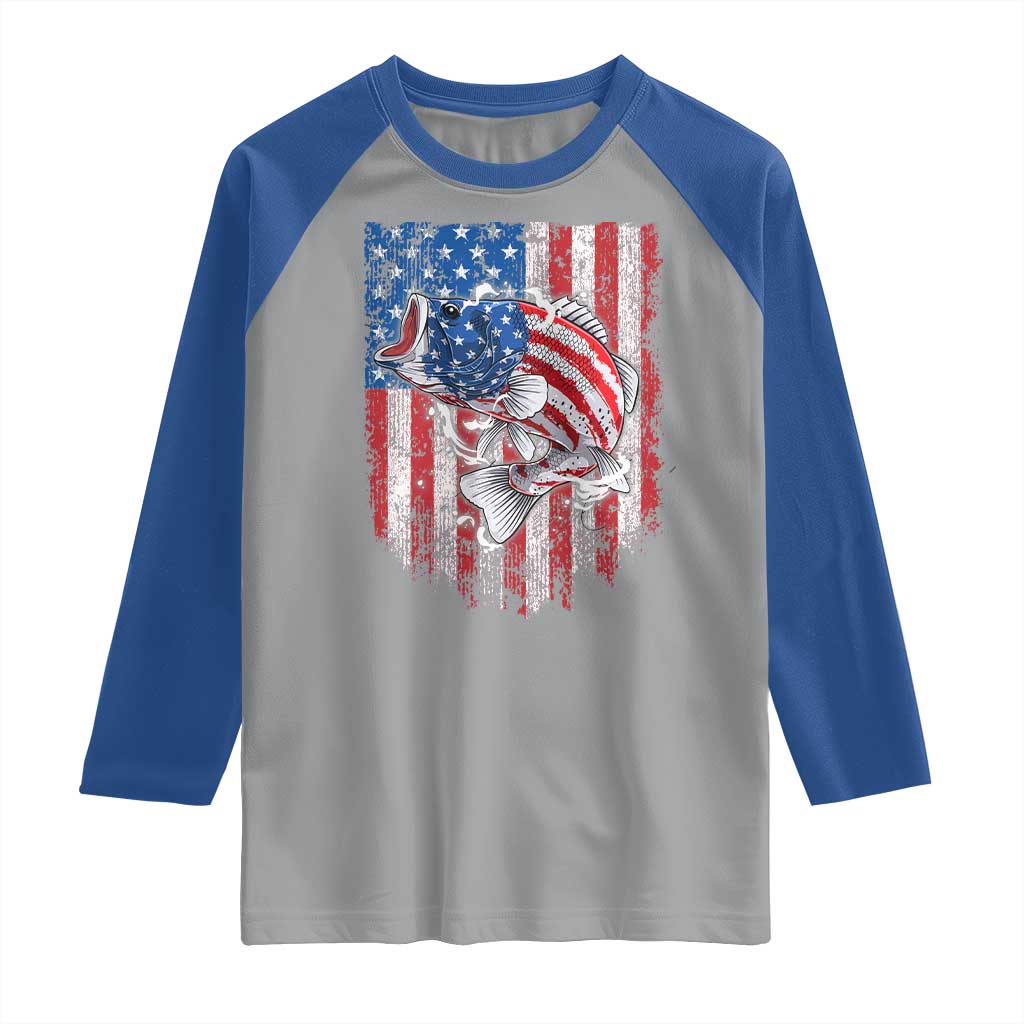 Funny Bass Fish Fishing Vintage American Flag Patriotic Raglan Shirt - Wonder Print Shop