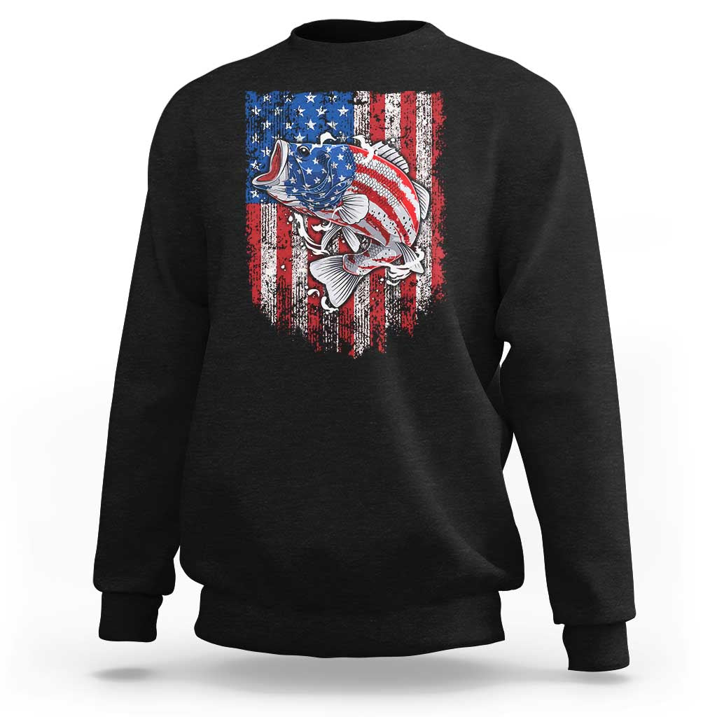 Funny Bass Fish Fishing Vintage American Flag Patriotic Sweatshirt - Wonder Print Shop