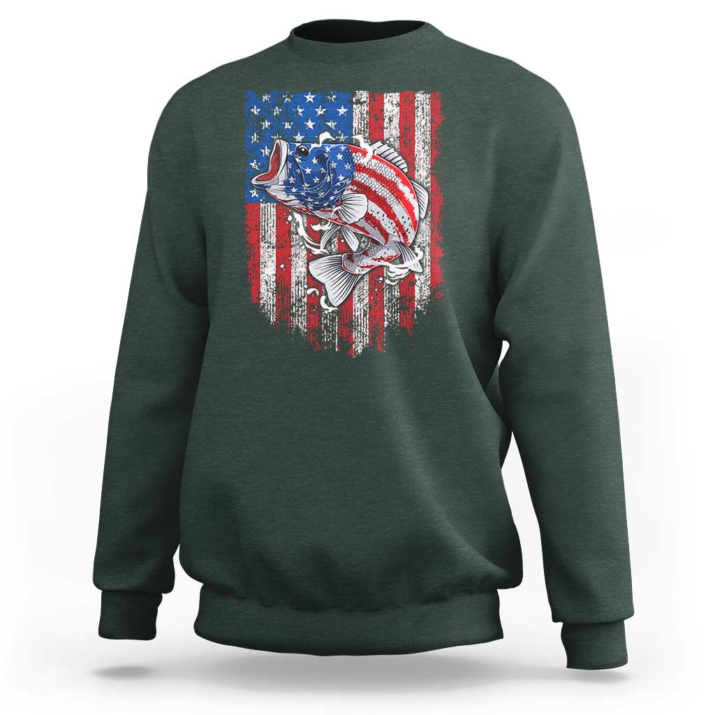Funny Bass Fish Fishing Vintage American Flag Patriotic Sweatshirt - Wonder Print Shop