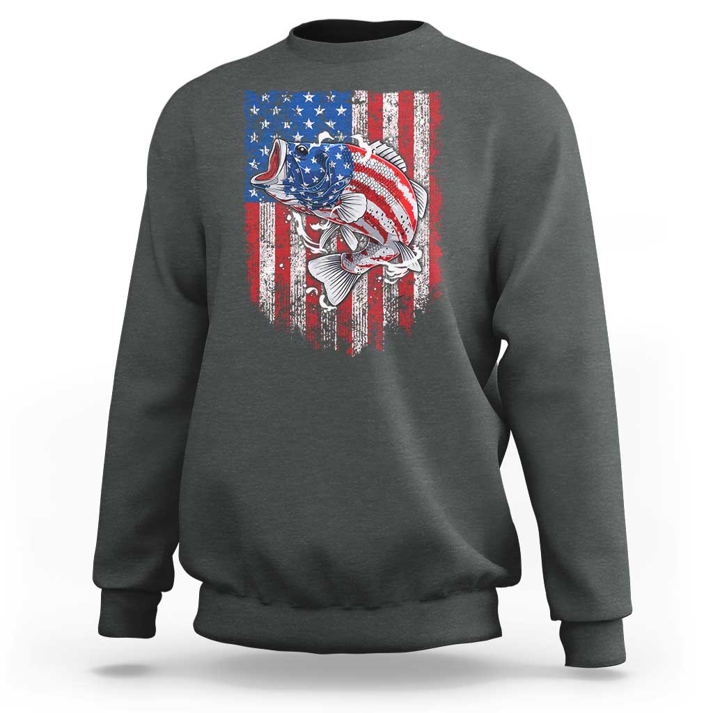 Funny Bass Fish Fishing Vintage American Flag Patriotic Sweatshirt - Wonder Print Shop