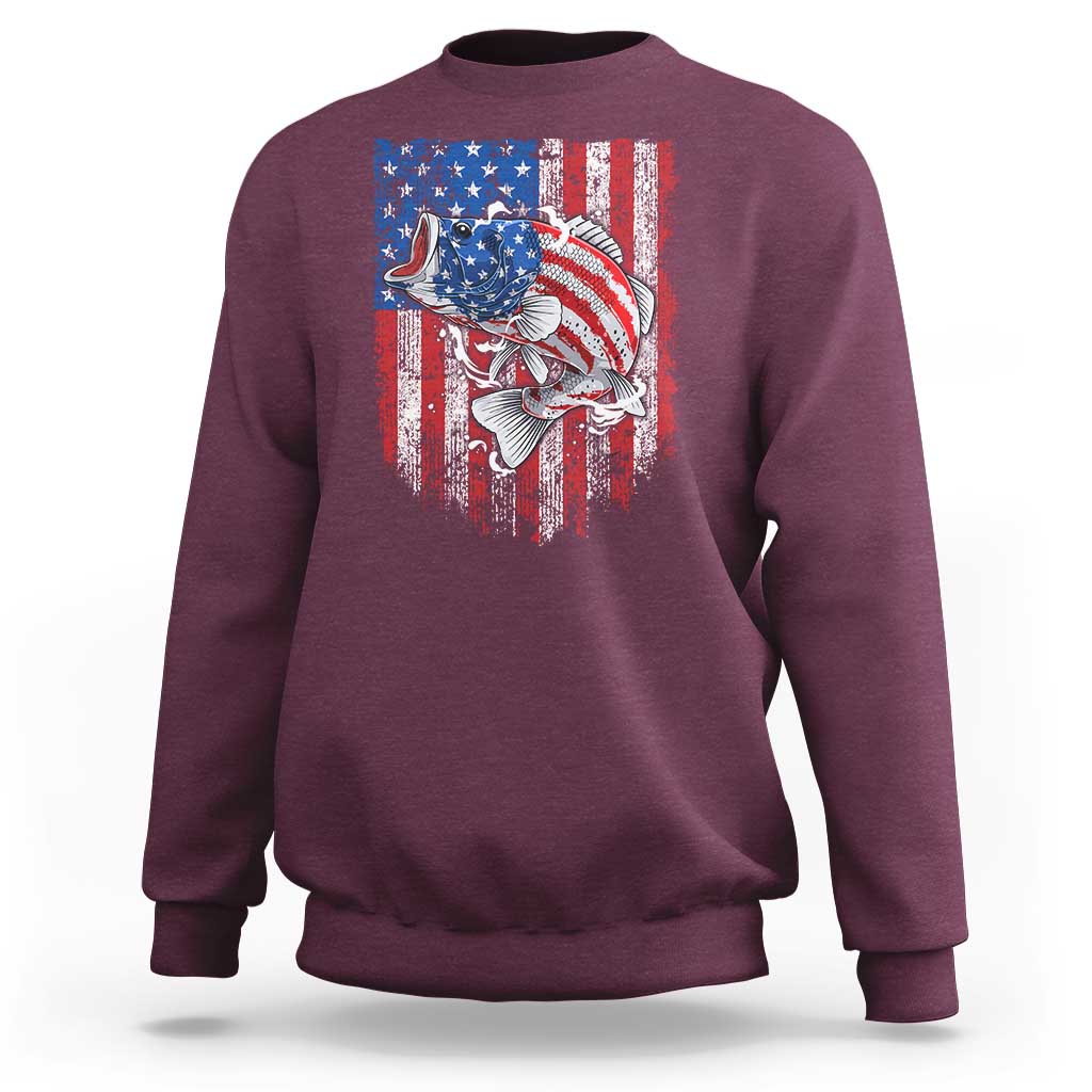 Funny Bass Fish Fishing Vintage American Flag Patriotic Sweatshirt - Wonder Print Shop