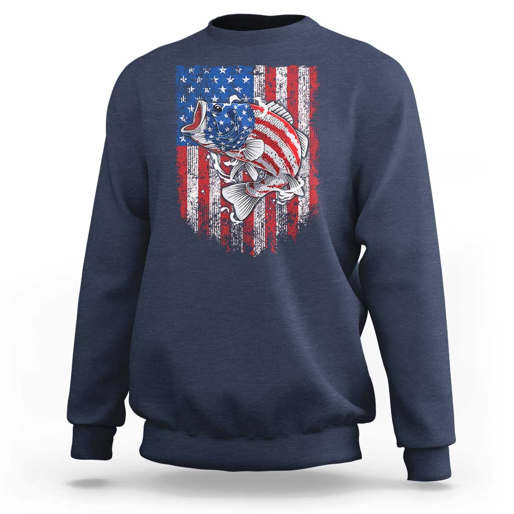Funny Bass Fish Fishing Vintage American Flag Patriotic Sweatshirt - Wonder Print Shop