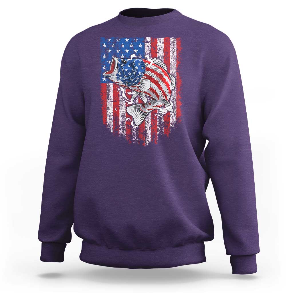 Funny Bass Fish Fishing Vintage American Flag Patriotic Sweatshirt - Wonder Print Shop