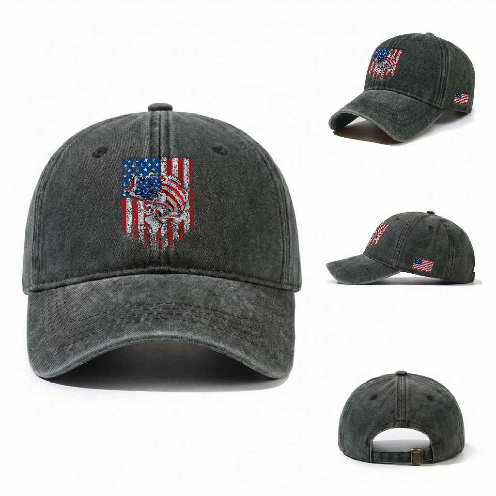 Funny Bass Fish Fishing Vintage American Flag Patriotic Washed Cotton Baseball Cap