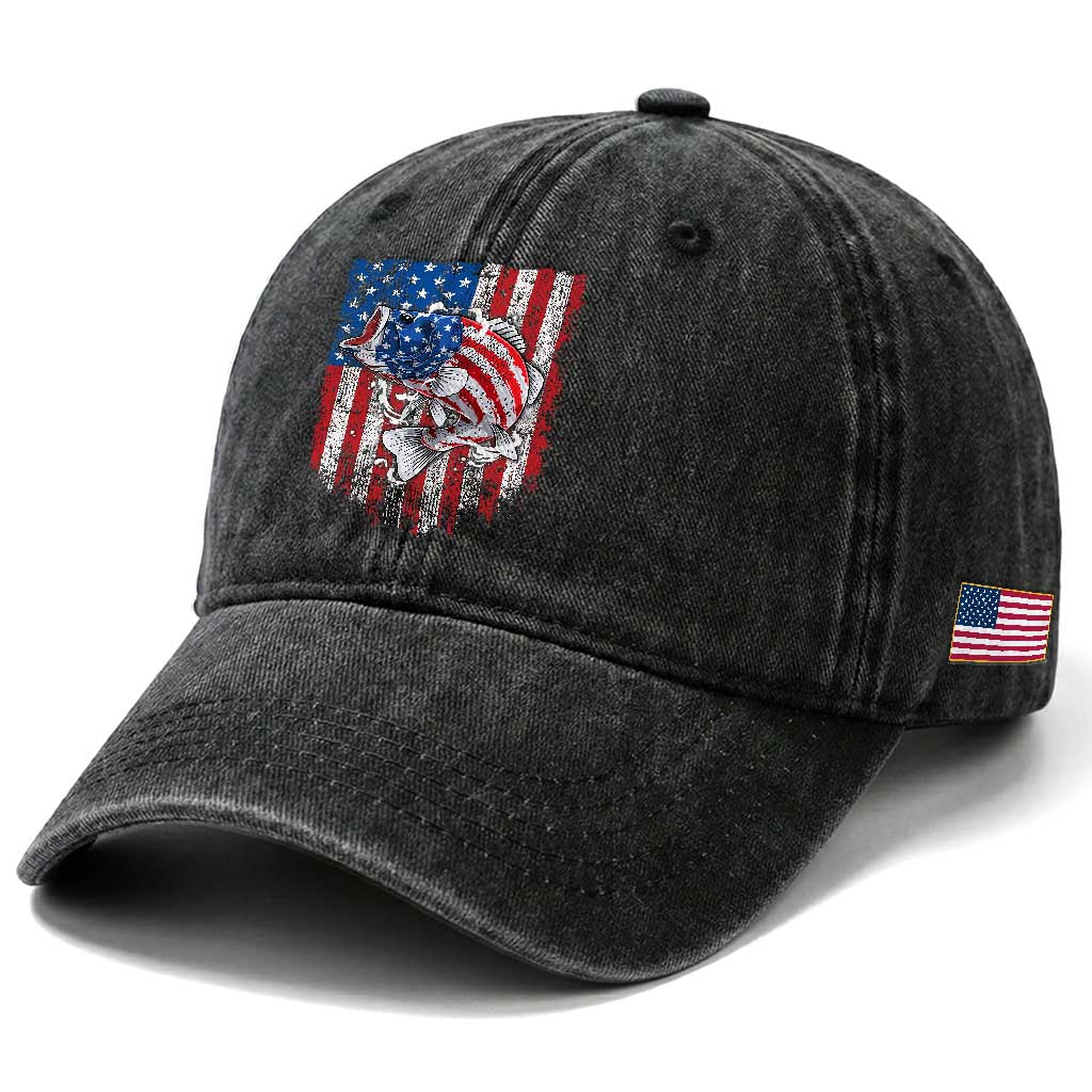Funny Bass Fish Fishing Vintage American Flag Patriotic Washed Cotton Baseball Cap