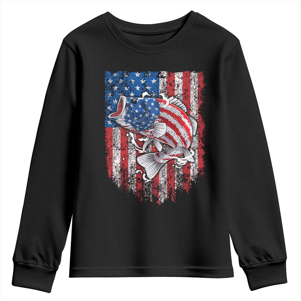 Funny Bass Fish Fishing Vintage American Flag Patriotic Youth Sweatshirt - Wonder Print Shop