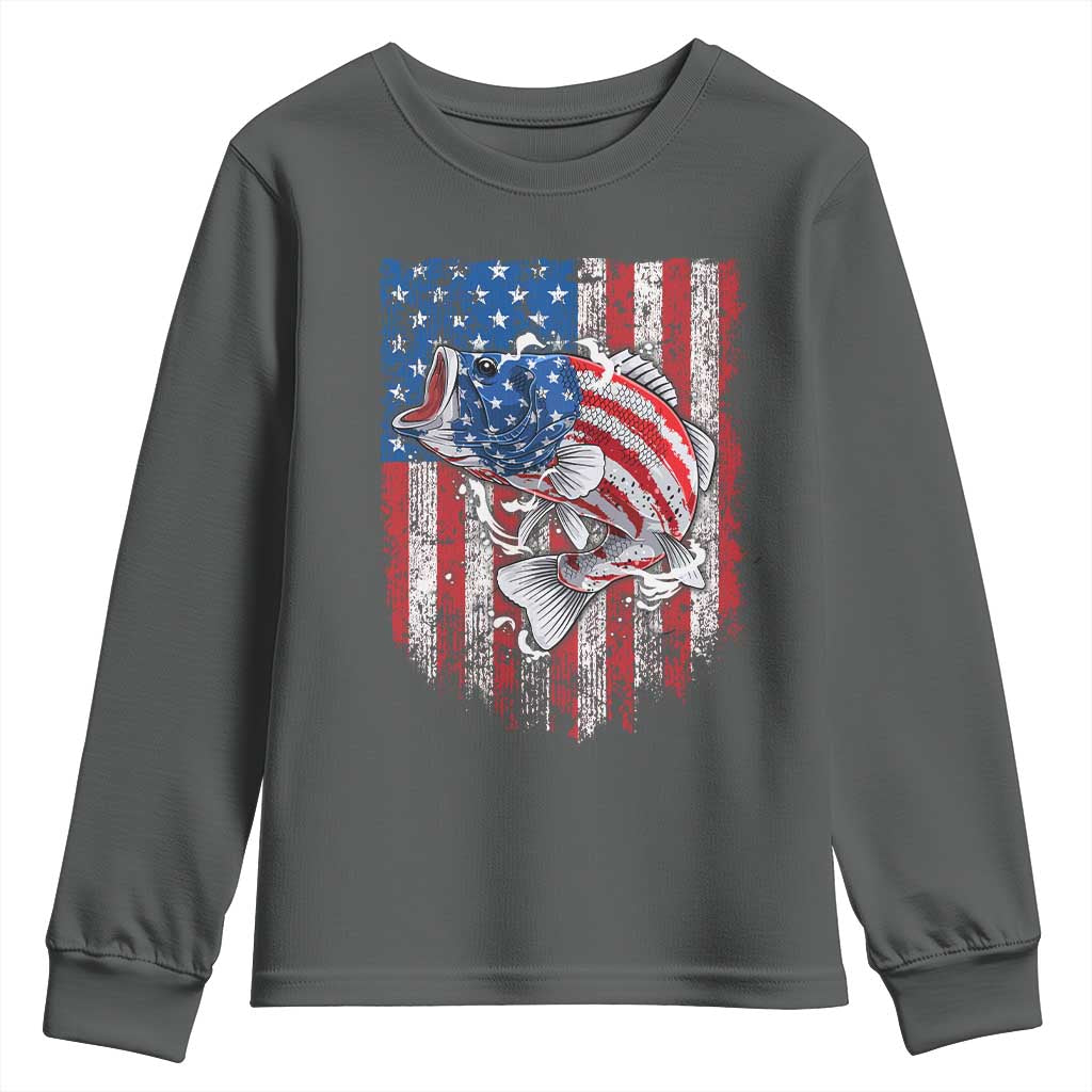 Funny Bass Fish Fishing Vintage American Flag Patriotic Youth Sweatshirt - Wonder Print Shop