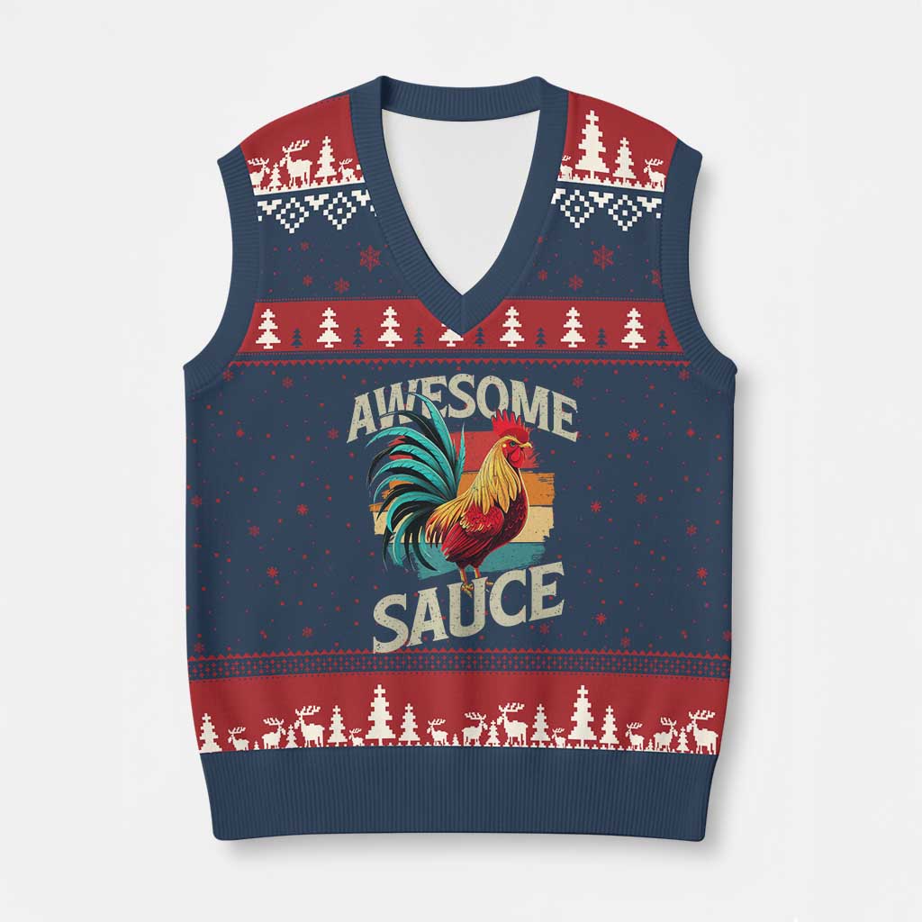 Funny Awesome Sauce Rooster V-Neck Knit Sweater Vest Vintage Retro Chicken - Wonder Print Shop