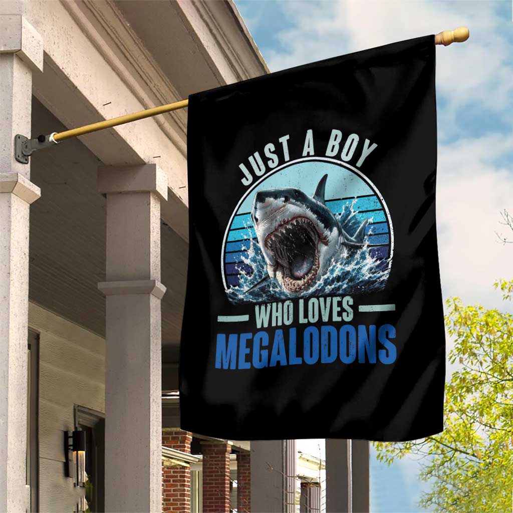 Just A Boy Who Loves Megalodons Garden Flag Megalodon Shark Lover Retro Graphic