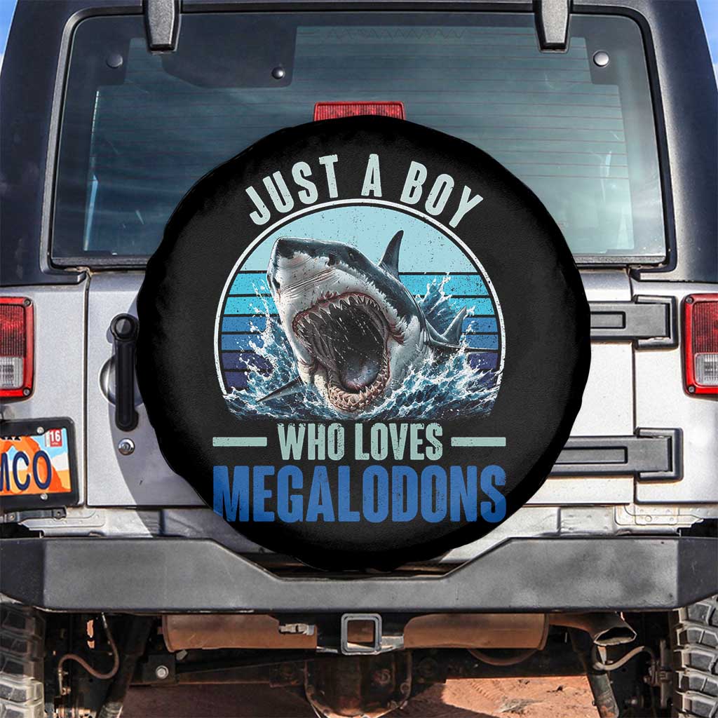 Just A Boy Who Loves Megalodons Spare Tire Cover Megalodon Shark Lover Retro Graphic