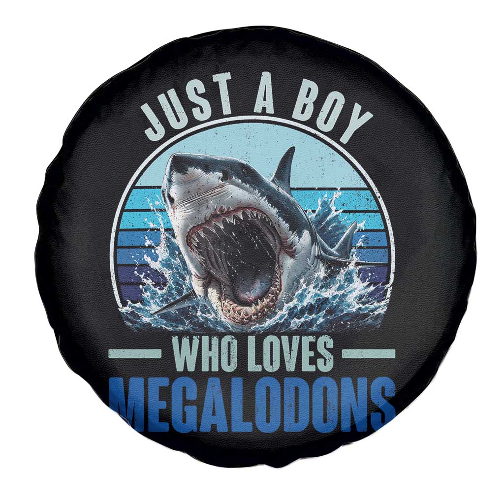 Just A Boy Who Loves Megalodons Spare Tire Cover Megalodon Shark Lover Retro Graphic