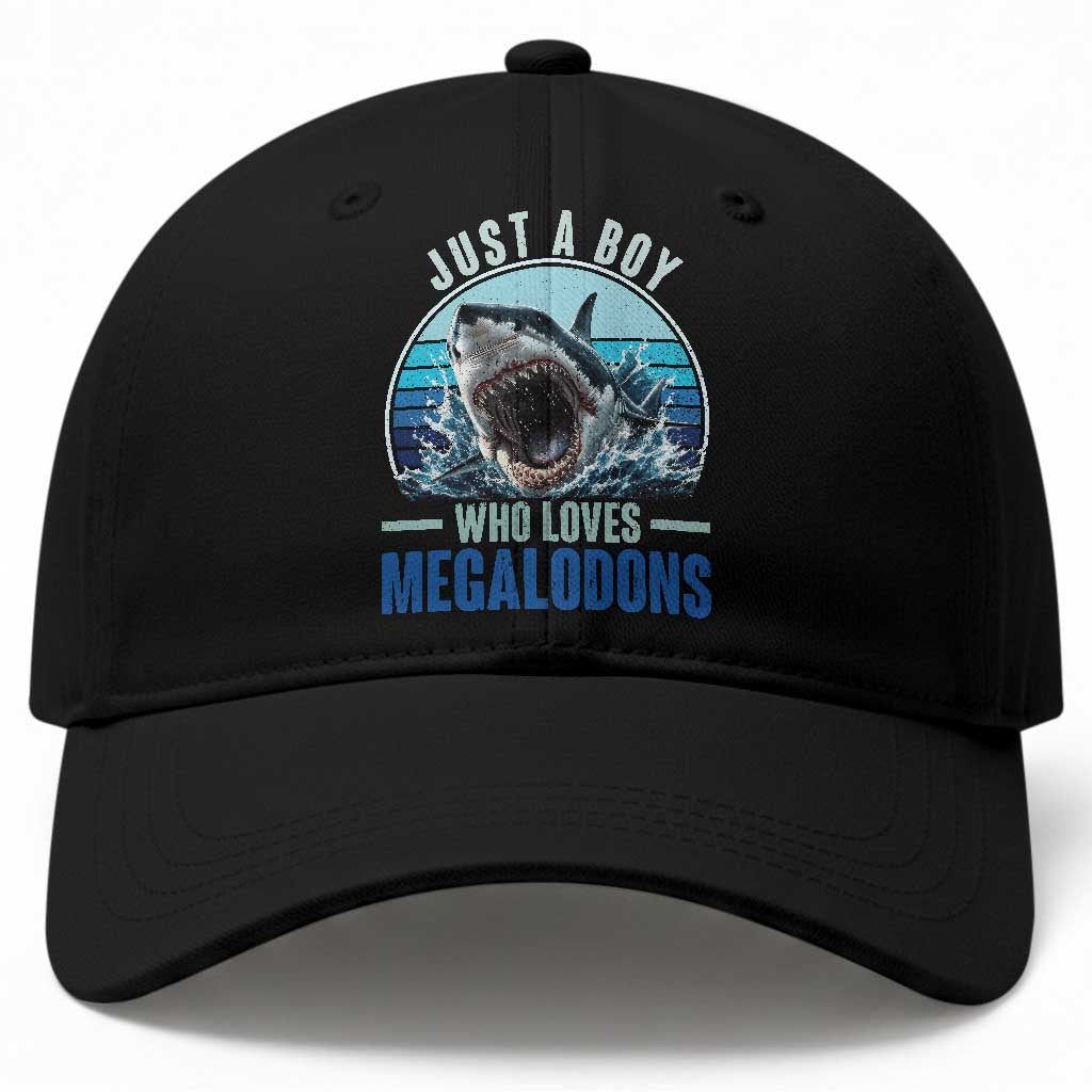 Just A Boy Who Loves Megalodons Baseball Cap Megalodon Shark Lover Retro Graphic