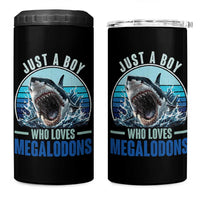 Just A Boy Who Loves Megalodons 4 in 1 Can Cooler Tumbler Megalodon Shark Lover Retro Graphic
