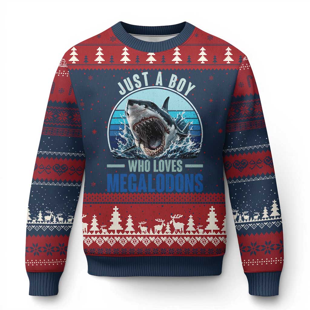 Just A Boy Who Loves Megalodons Ugly Christmas Sweater Megalodon Shark Lover Retro Graphic