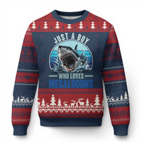 Just A Boy Who Loves Megalodons Ugly Christmas Sweater Megalodon Shark Lover Retro Graphic