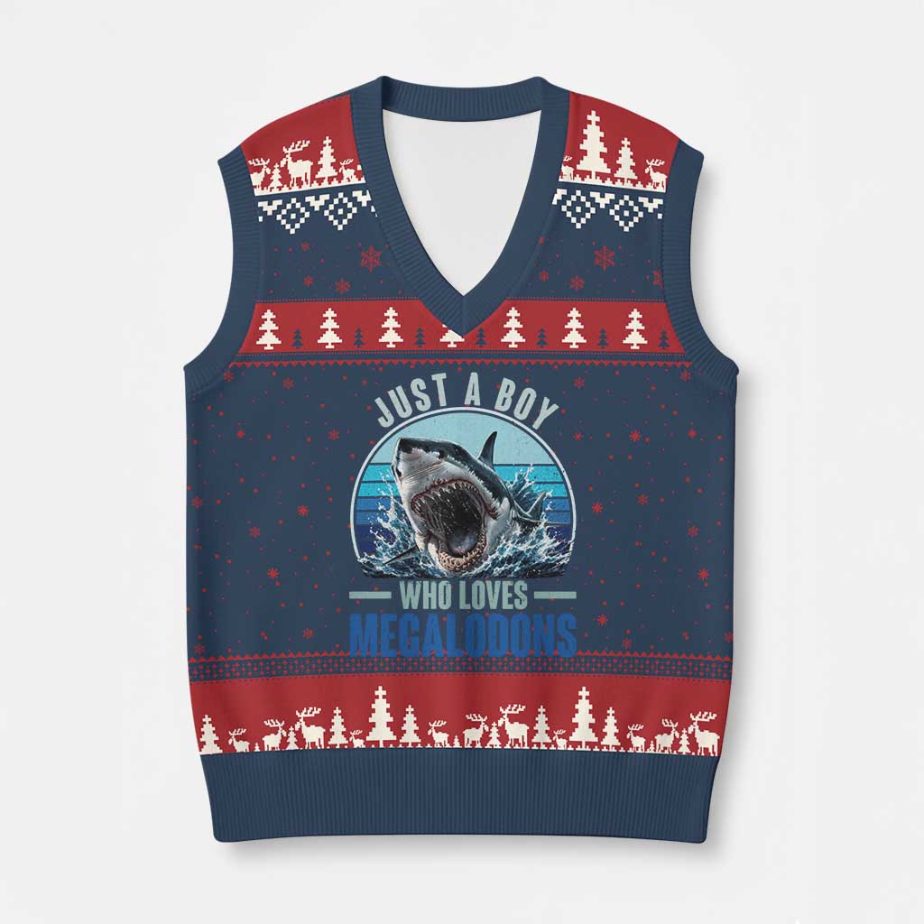 Just A Boy Who Loves Megalodons V-Neck Knit Sweater Vest Megalodon Shark Lover Retro Graphic
