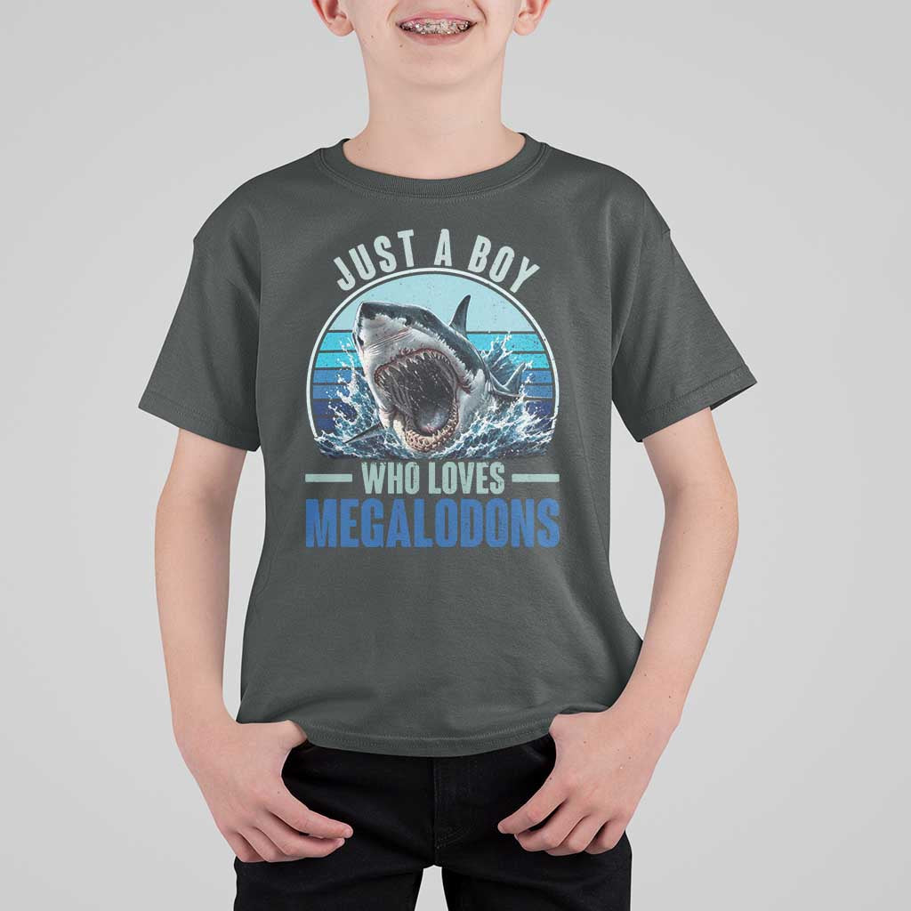 Just A Boy Who Loves Megalodons T Shirt For Kid Megalodon Shark Lover Retro Graphic