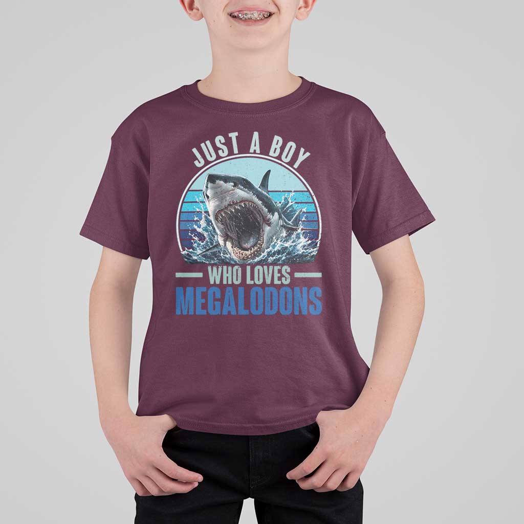 Just A Boy Who Loves Megalodons T Shirt For Kid Megalodon Shark Lover Retro Graphic