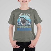 Just A Boy Who Loves Megalodons T Shirt For Kid Megalodon Shark Lover Retro Graphic