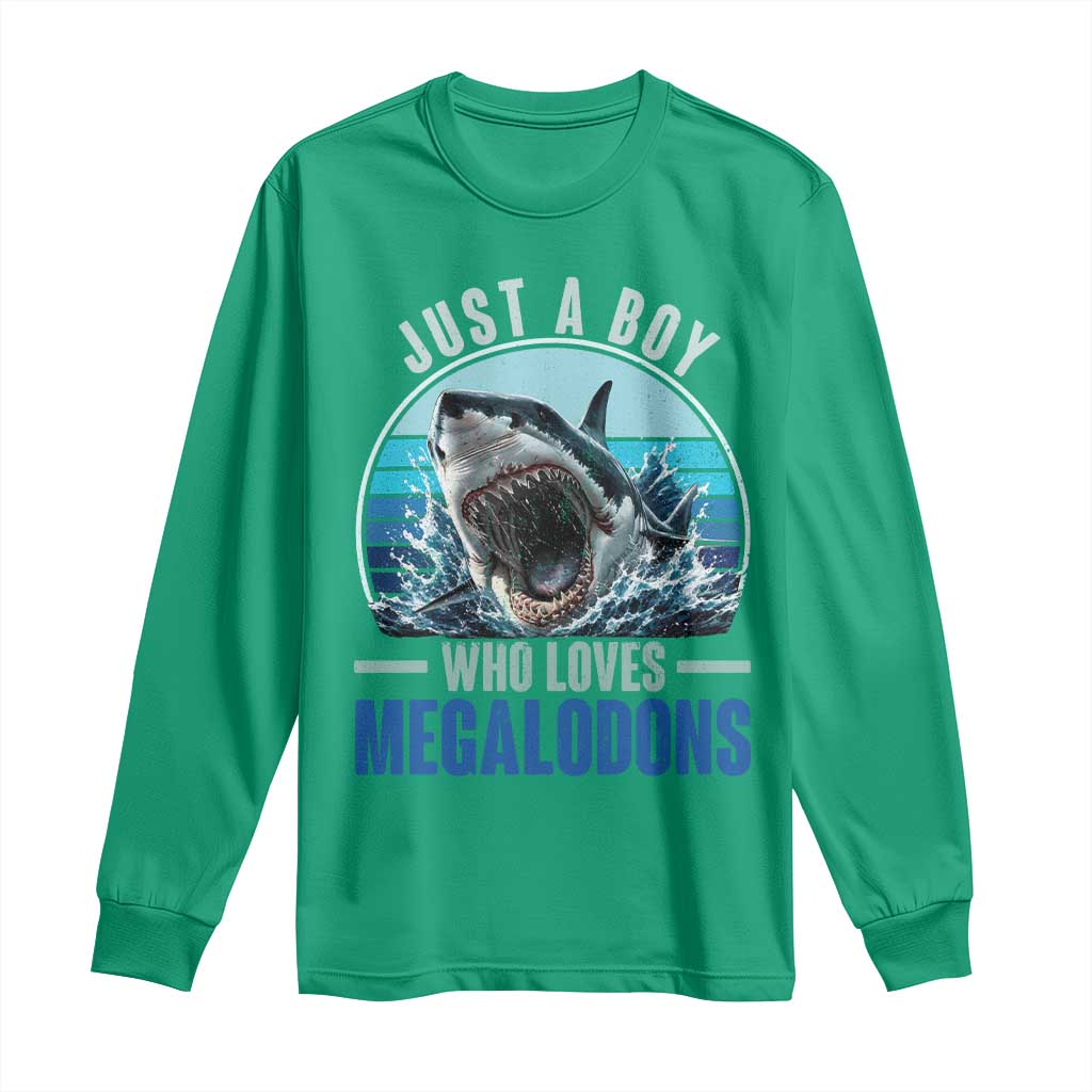 Just A Boy Who Loves Megalodons Long Sleeve Shirt Megalodon Shark Lover Retro Graphic