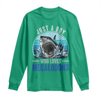 Just A Boy Who Loves Megalodons Long Sleeve Shirt Megalodon Shark Lover Retro Graphic