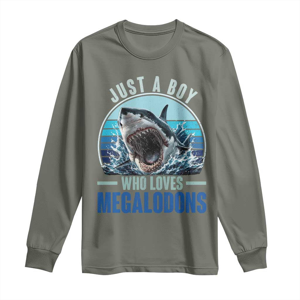Just A Boy Who Loves Megalodons Long Sleeve Shirt Megalodon Shark Lover Retro Graphic