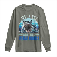 Just A Boy Who Loves Megalodons Long Sleeve Shirt Megalodon Shark Lover Retro Graphic