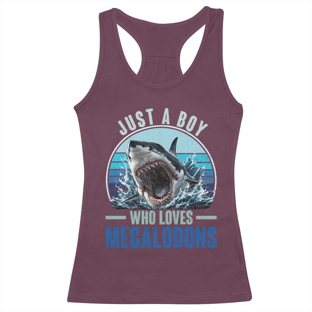 Just A Boy Who Loves Megalodons Racerback Tank Top Megalodon Shark Lover Retro Graphic