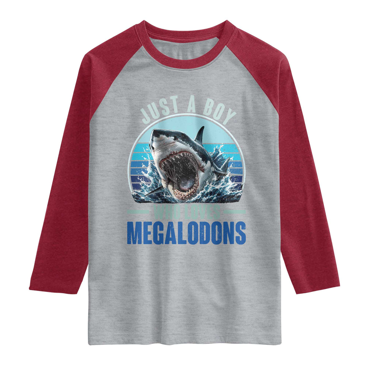 Just A Boy Who Loves Megalodons Raglan Shirt Megalodon Shark Lover Retro Graphic