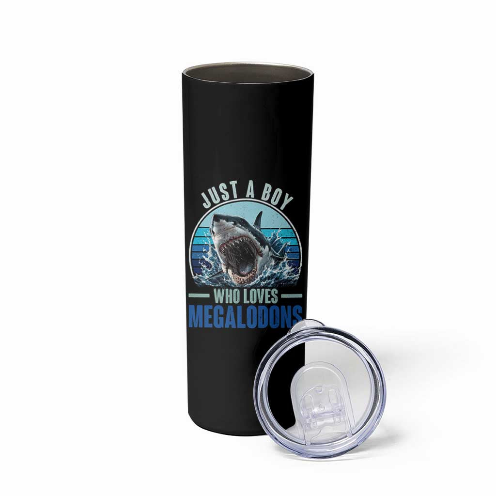 Just A Boy Who Loves Megalodons Skinny Tumbler Megalodon Shark Lover Retro Graphic