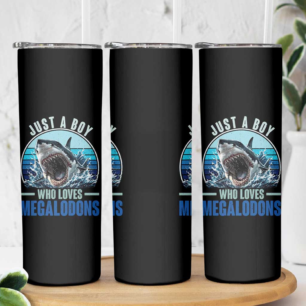 Just A Boy Who Loves Megalodons Skinny Tumbler Megalodon Shark Lover Retro Graphic