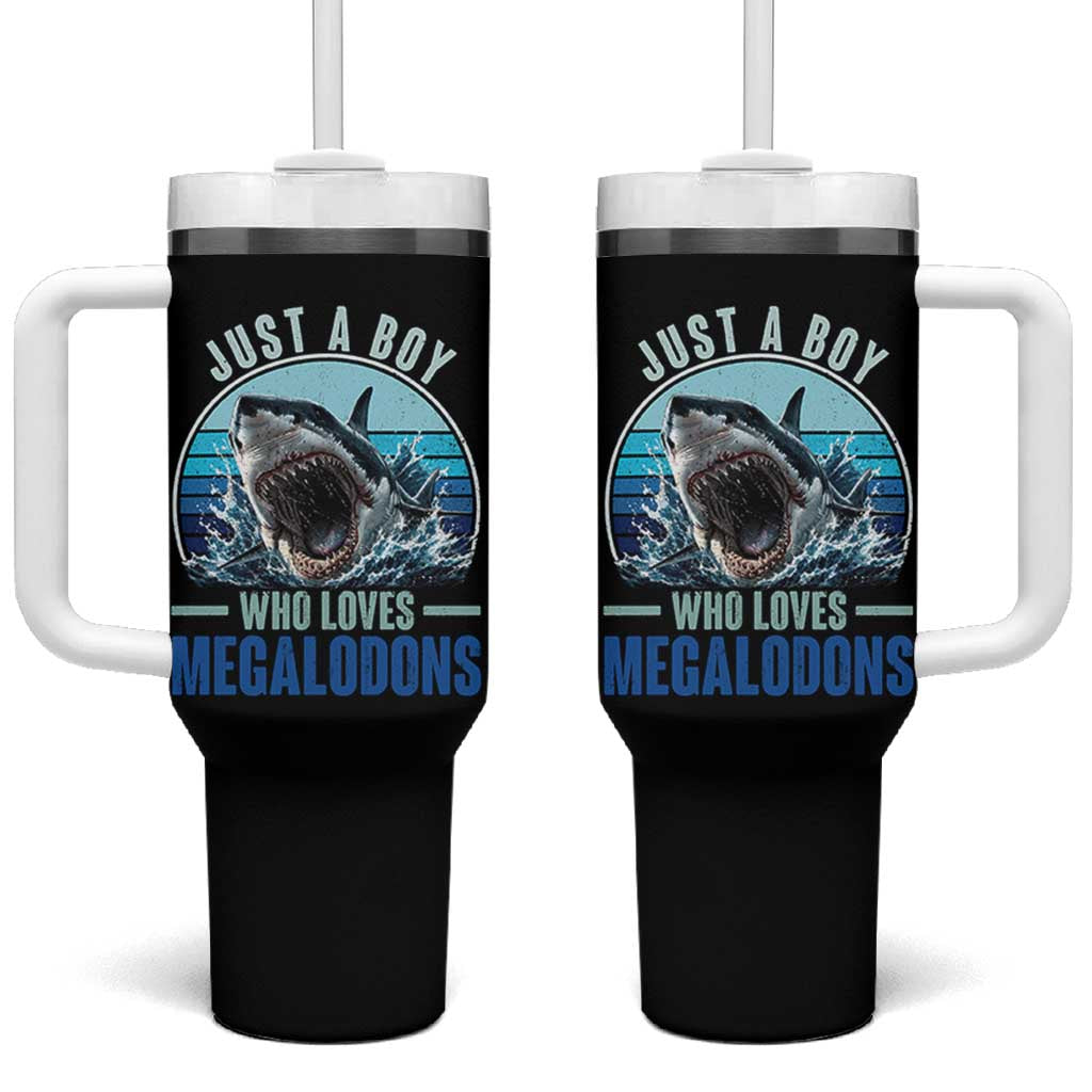 Just A Boy Who Loves Megalodons Tumbler With Handle Megalodon Shark Lover Retro Graphic