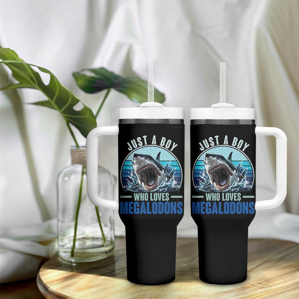Just A Boy Who Loves Megalodons Tumbler With Handle Megalodon Shark Lover Retro Graphic