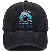 Just A Boy Who Loves Megalodons Washed Cotton Baseball Cap Megalodon Shark Lover Retro Graphic