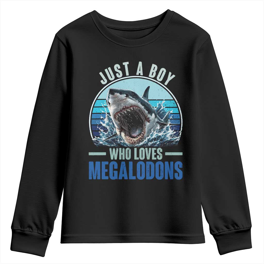 Just A Boy Who Loves Megalodons Youth Sweatshirt Megalodon Shark Lover Retro Graphic